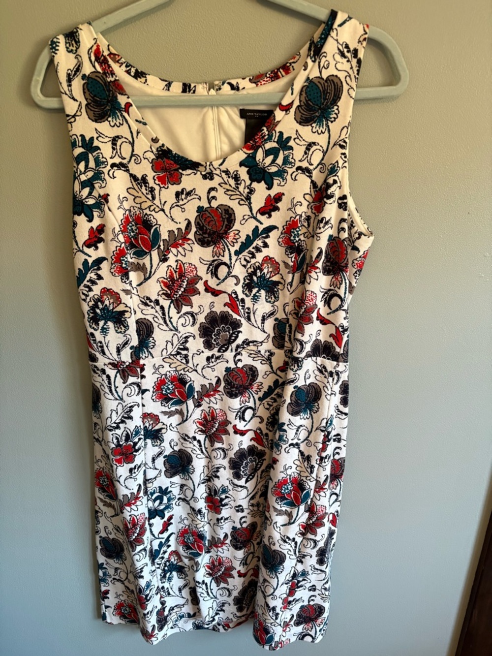 Ann Taylor White Floral Midi Dress with Red and Teal Accents